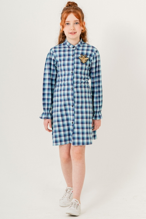 Kız Çocuk Broş Nakış Detaylı Ekose Desenli Elbise P1001