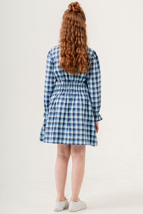 Kız Çocuk Broş Nakış Detaylı Ekose Desenli Elbise P1001