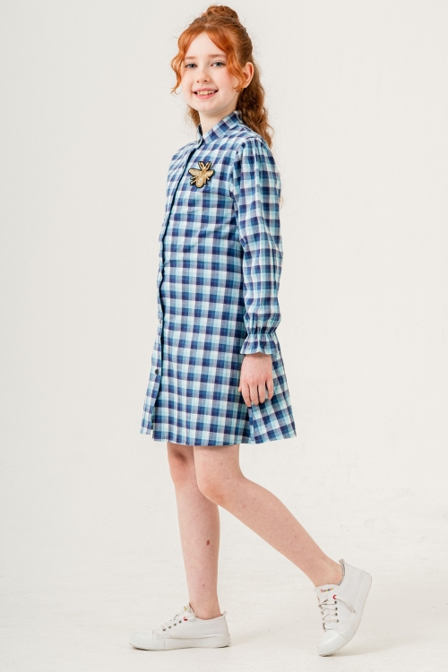 Kız Çocuk Broş Nakış Detaylı Ekose Desenli Elbise P1001