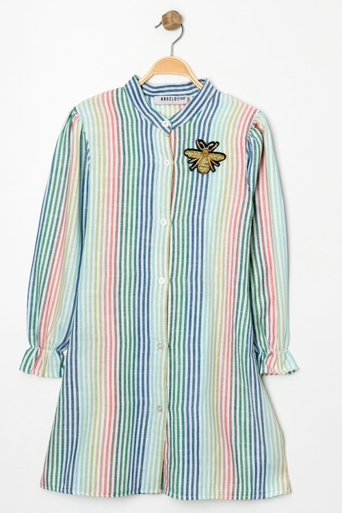 Kız Çocuk Broş Nakış Detaylı Ekose Desenli Elbise P1001