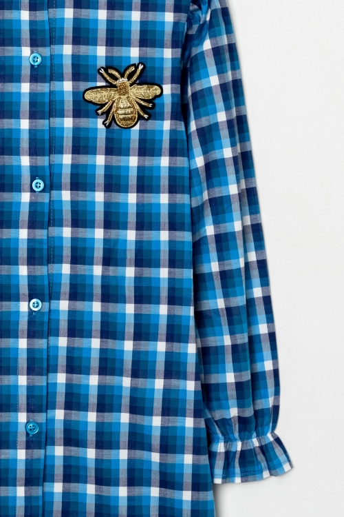 Kız Çocuk Broş Nakış Detaylı Ekose Desenli Elbise P1001