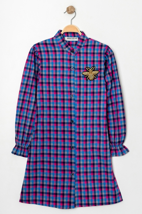 Kız Çocuk Broş Nakış Detaylı Ekose Desenli Elbise P1001