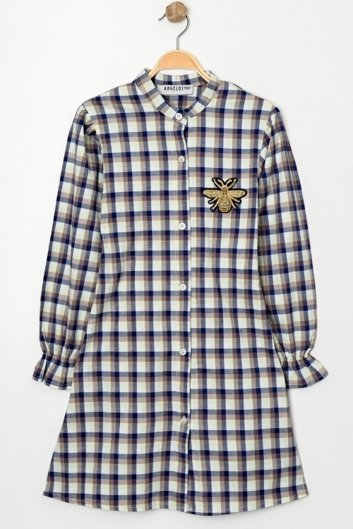 Kız Çocuk Broş Nakış Detaylı Ekose Desenli Elbise P1001