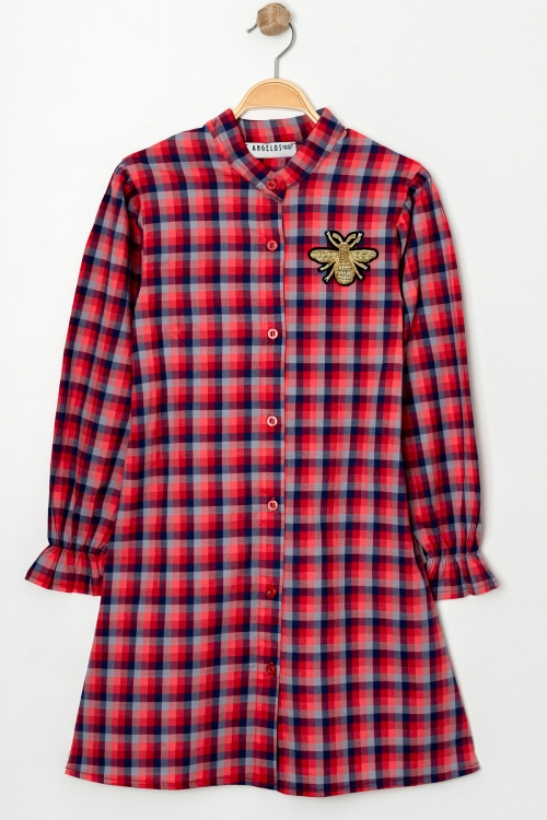 Kız Çocuk Broş Nakış Detaylı Ekose Desenli Elbise P1001