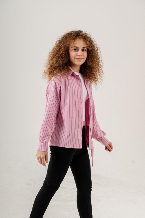 Kız Çocuk Çizgi Desenli Cep Kemerli Gömlek P1037