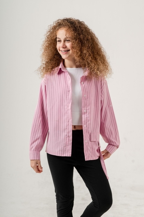 Kız Çocuk Çizgi Desenli Cep Kemerli Gömlek P1037