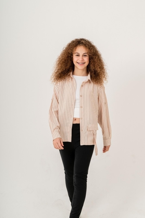 Kız Çocuk Çizgi Desenli Cep Kemerli Gömlek P1037