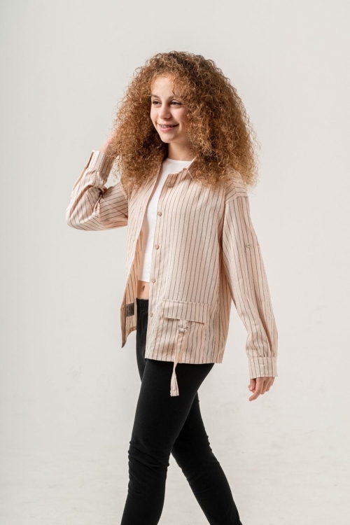 Kız Çocuk Çizgi Desenli Cep Kemerli Gömlek P1037