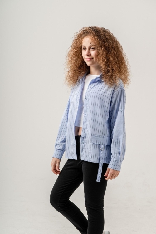 Kız Çocuk Çizgi Desenli Cep Kemerli Gömlek P1037