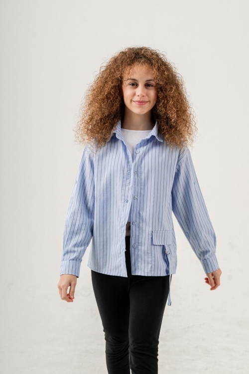 Kız Çocuk Çizgi Desenli Cep Kemerli Gömlek P1037