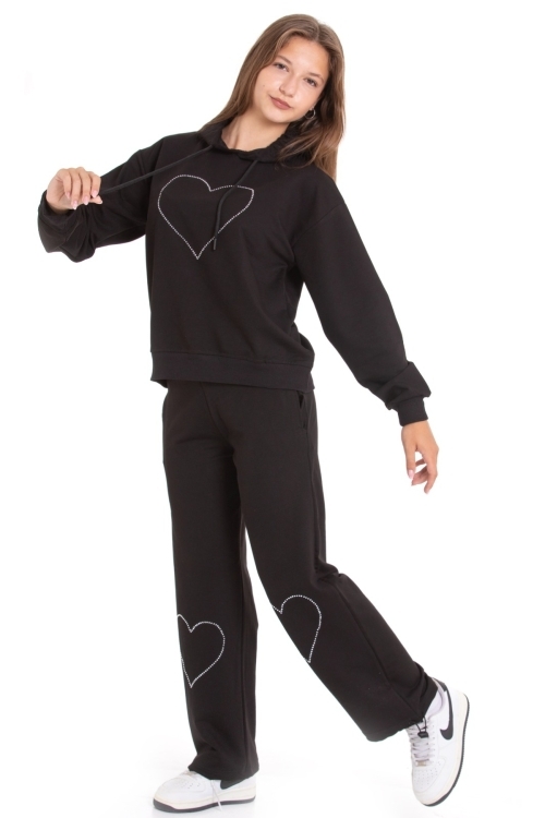 Kız Çocuk Eşofman Takımı Kapüşonlu-Kalp Baskılı- 2 İplik 1247.1