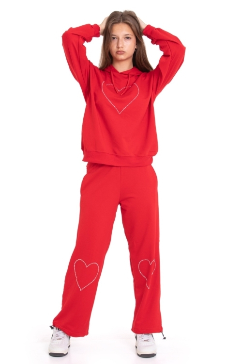Kız Çocuk Eşofman Takımı Kapüşonlu-Kalp Baskılı- 2 İplik 1247.1
