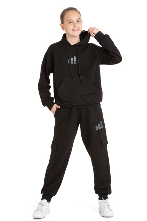 Kız Çocuk Eşofman Takımı Kargo Cepli Kapüşonlu 2 İplik 1221.1