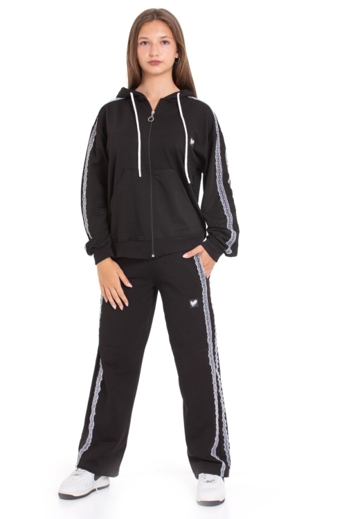 Kız Çocuk Eşofman Takımı Nakış Seritli Kapüşonlu Fermuarlı 2 İplik 12215.1