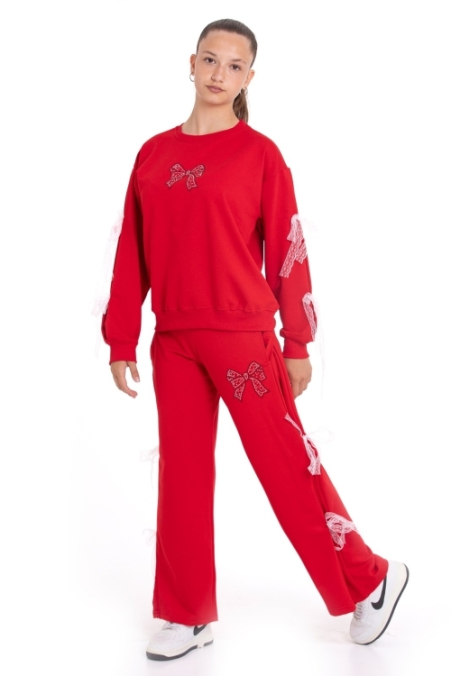 Kız Çocuk Eşofman Takımı Taş Baskılı Fiyonk ve Tül Detaylı- 2 İplik 12213.1