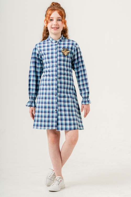 Kız Çocuk Broş Nakış Detaylı Ekose Desenli Elbise P1001